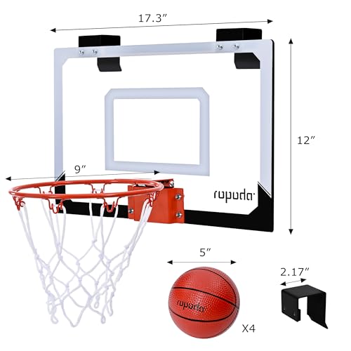 Ropoda Mini Basketball Hoop for Kids - 17×12 Over-the-Door Set with 4 Balls and Shatter-Resistant Backboard