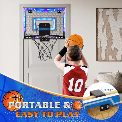 Mini Basketball Hoop Indoor Toy Set with Scorer, Batteries, and LED Lighting for Kids 3-8