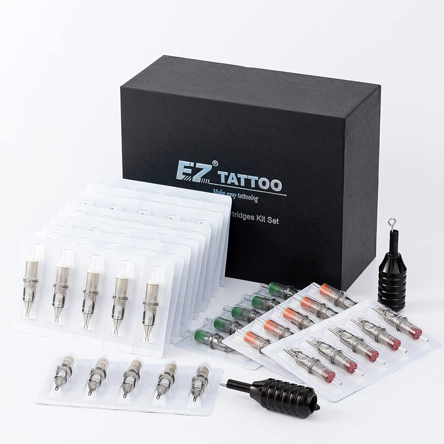 100 Pcs Revolution Tattoo Cartridge Needles Assorted 3RL 5RL 7RL 5RS 7RS 7M1 9M1 11M1 9CM 15CM with 2 Aluminum Grips Mixed Tattoo Needles for Rotary Pen Machine Supply