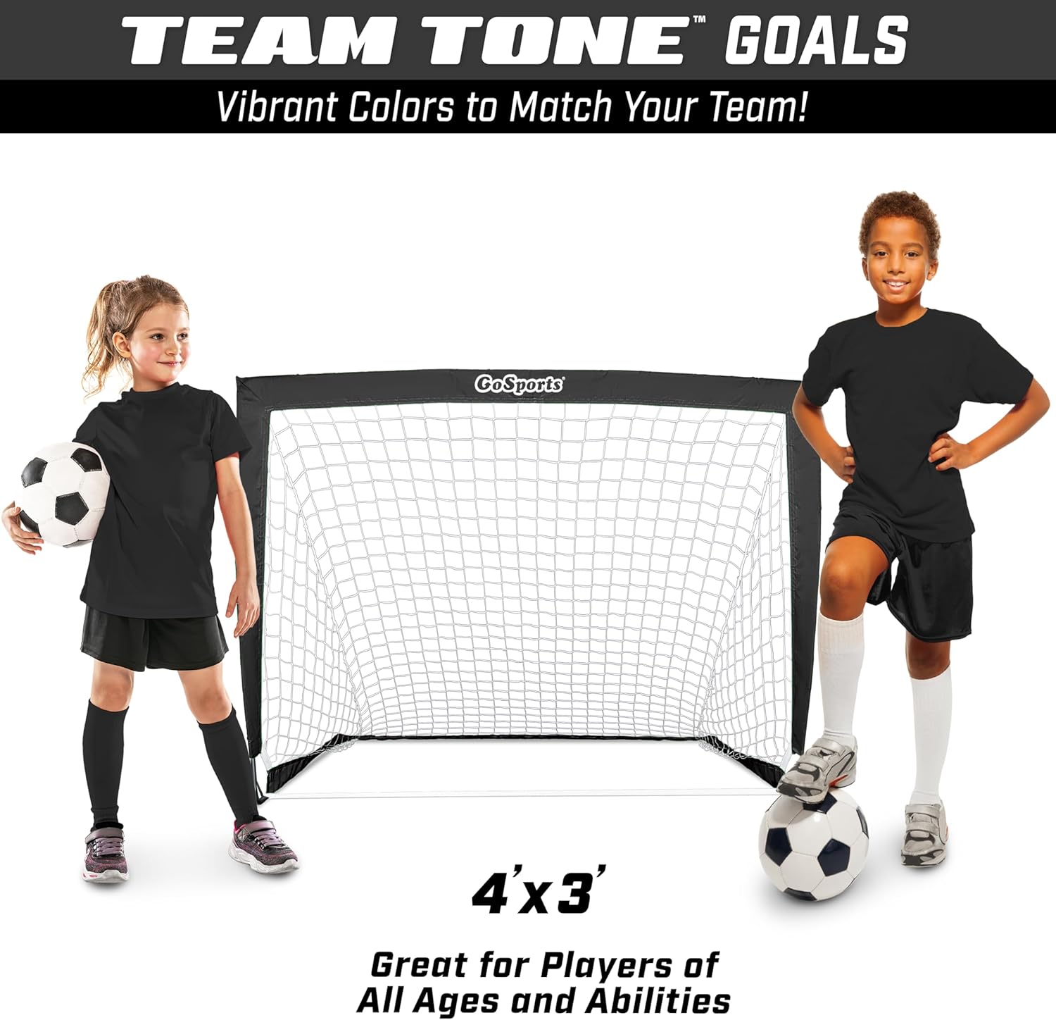 Team Tone 4 ft x 3 ft Portable Soccer Goals for Kids - Set of 2 Pop Up Nets for Backyard - Black