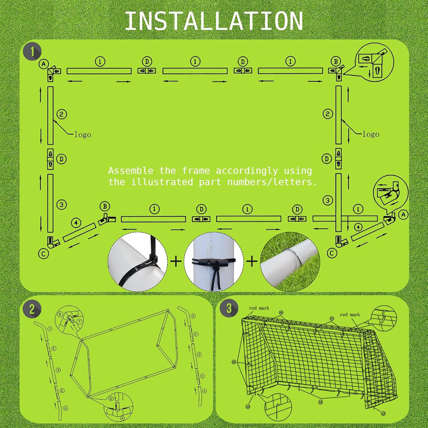 Soccer Goal 12x6Ft/10x6Ft/7x5Ft/6x4Ft. Portable Weatherproof PVC Frame with Net, Carry Bag and Ground Stakes, Youth Regulation Sizes for Kids and Adults, Outdoor/Indoor.